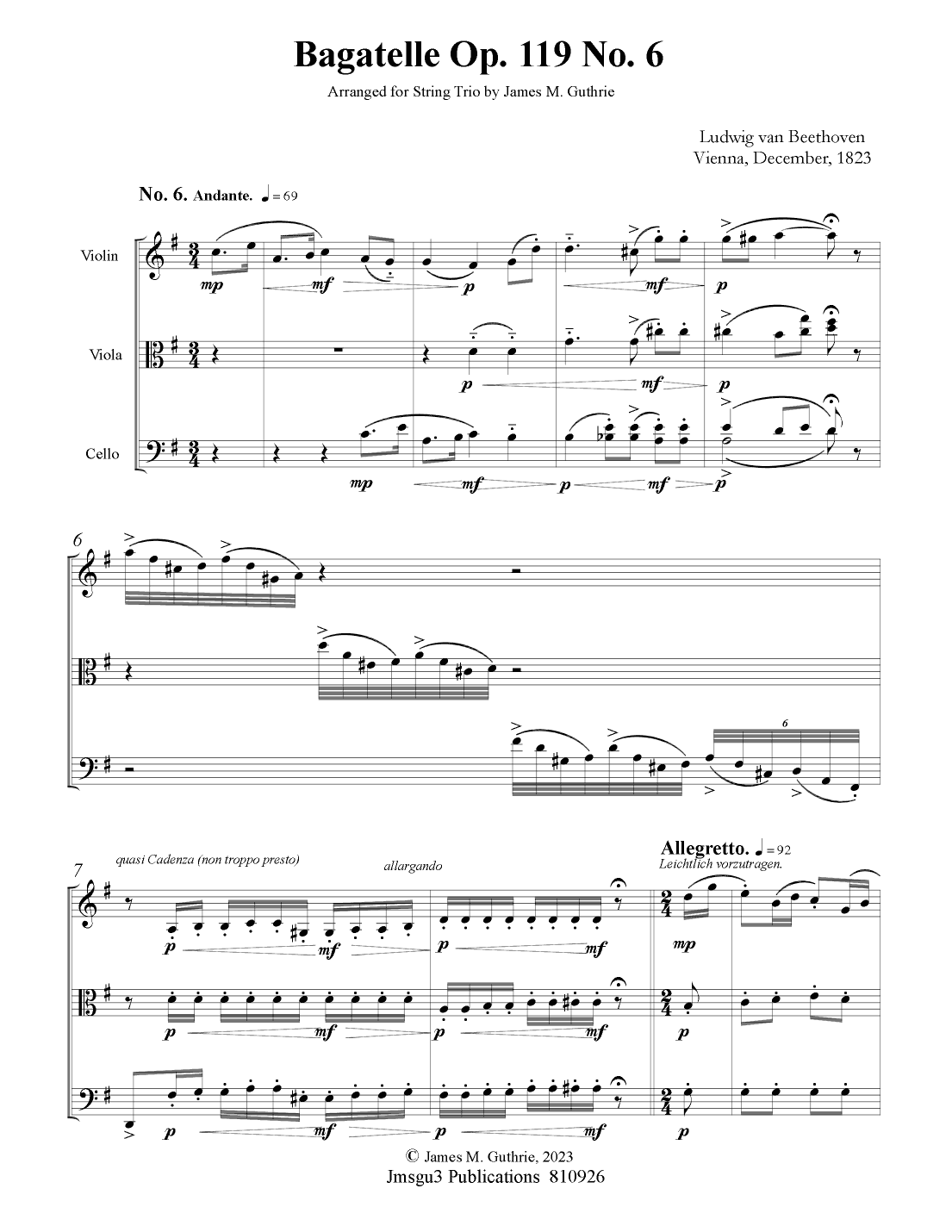 Beethoven: Bagatelle Op. 119 No. 6 for String Trio (arr. James M. Guthrie, ASCAP)