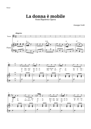 La donna è mobile in C major for Tenor and Piano (arr. Langanho)