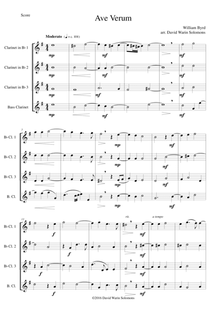 Ave Verum for 3 clarinets and bass clarinet (arr. David Warin Solomons)