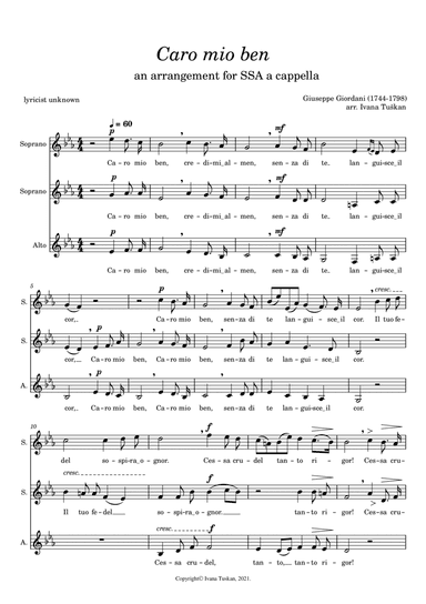 Caro mio ben, SSA, E flat major (arr. Ivana Tuskan)