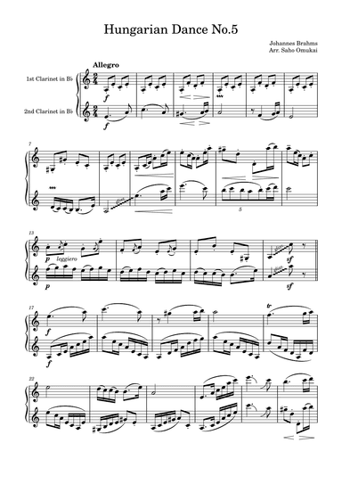 J.Brahms: Hungarian Dance No.5 for two Clarinets. (arr. Saho Omukai)