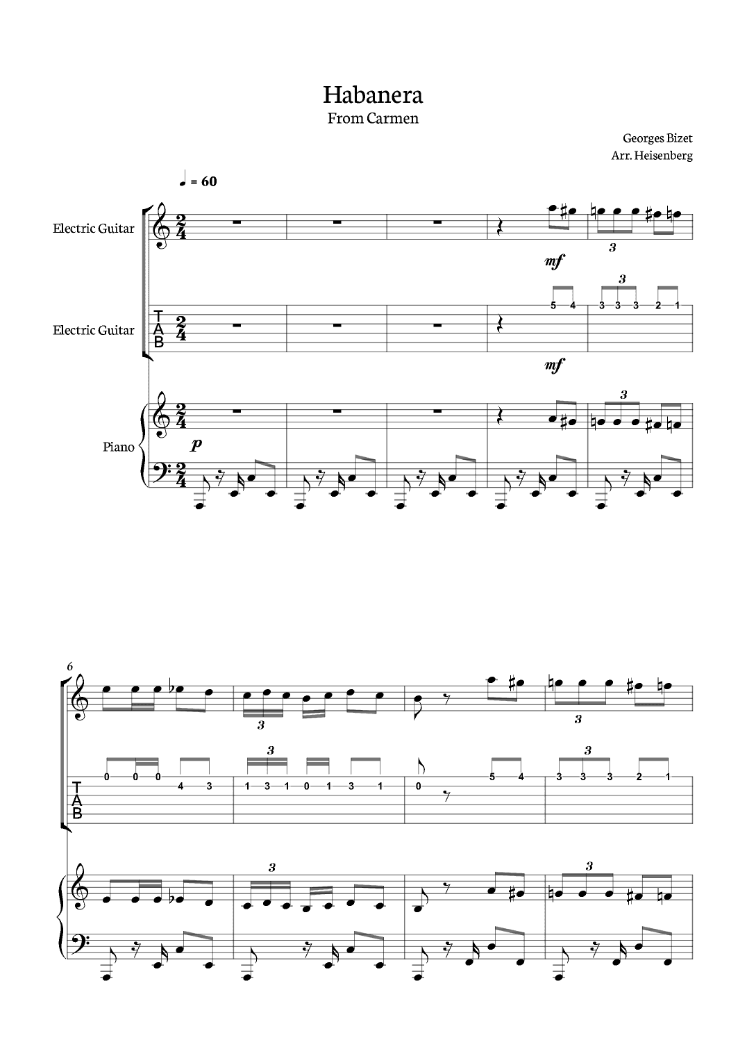 Habanera from Carmen for Eletric Guitar with piano and tab. (arr. Heisenberg)
