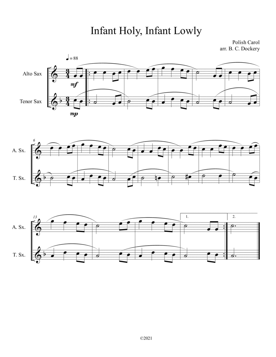 Infant Holy, Infant Lowly (Alto and Tenor Sax Duet) (arr. B. C. Dockery)