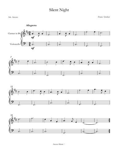 Silent Night carol for beginners sheet music for Clarinet and Cello (arr. Arezzo Music)