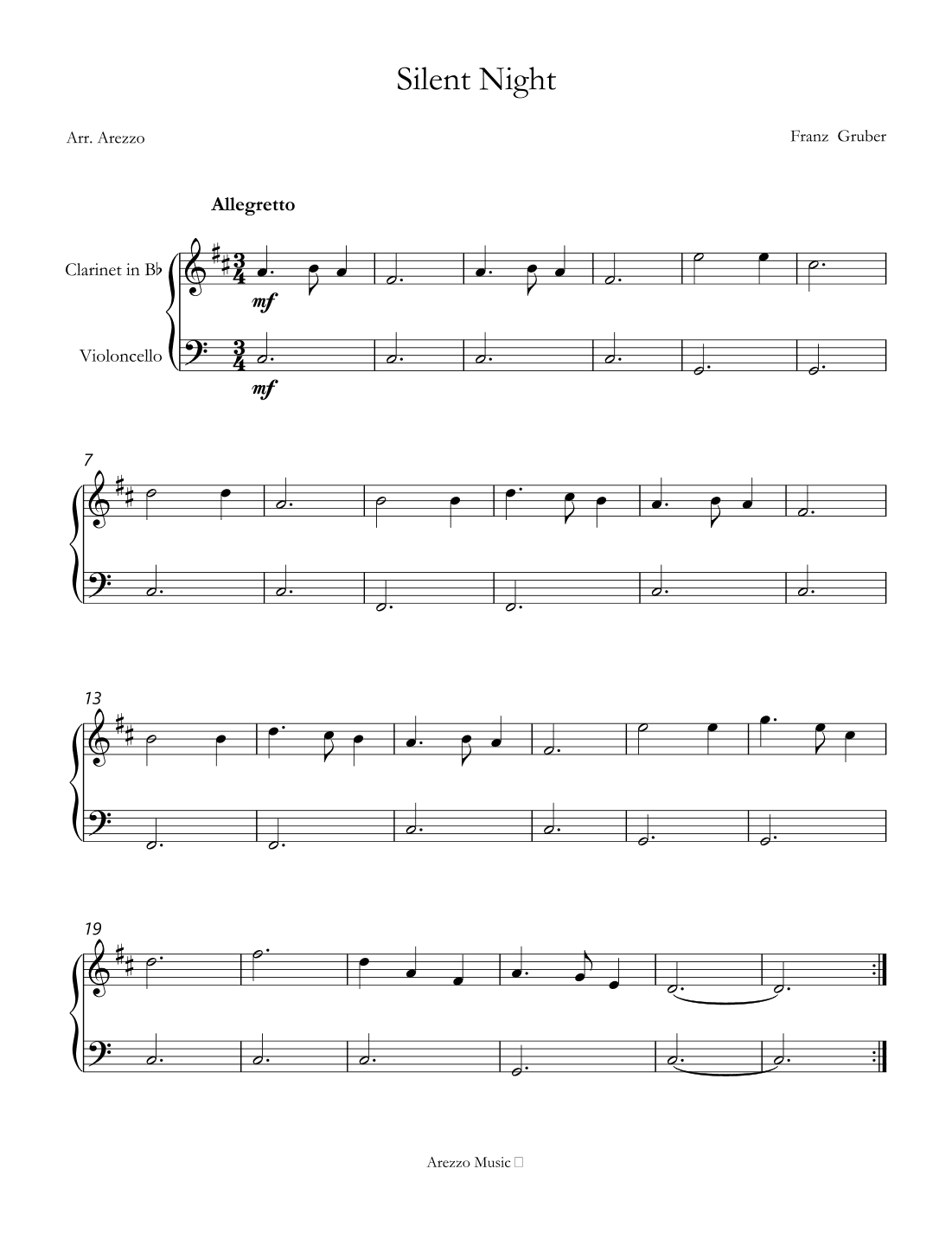 Silent Night carol for beginners sheet music for Clarinet and Cello (arr. Arezzo Music)