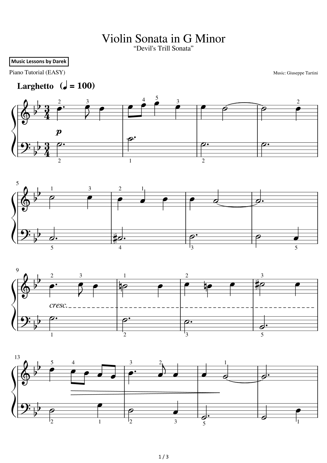 Violin Sonata in G Minor (EASY PIANO) “Devil's Trill Sonata” [Giuseppe Tartini] (arr. Darek)