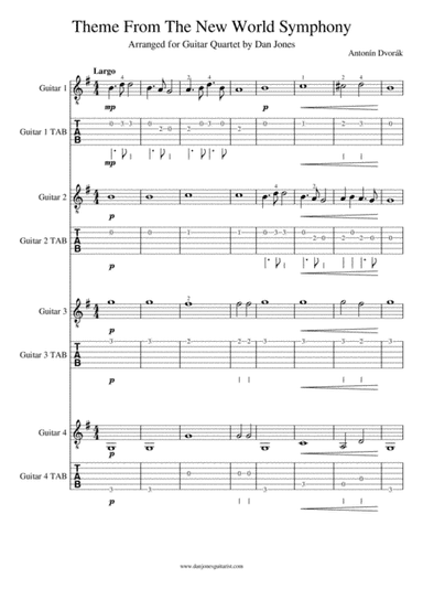 Antonin Dvorak - Theme From 'The New World Symphony' for Easy Guitar Quartet (arr. Dan Jones (www.danjonesguitarist.com))