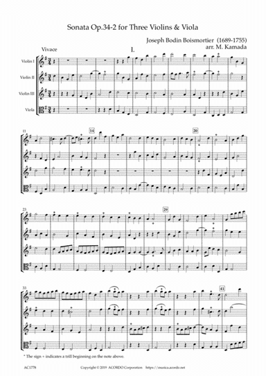 Sonata Op.34-2 for Three Violins & Viola (arr. Mikio Kamada)