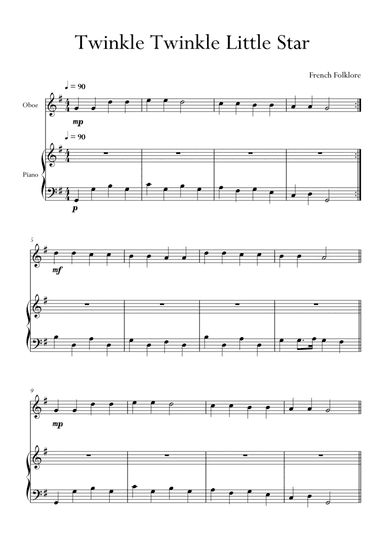 Twinkle Twinkle Little Star in G Major for Oboe and Piano. Very Easy. (arr. Matheus Araújo)
