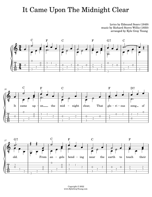 It Came Upon The Midnight Clear (easy fingerstyle guitar tablature) (arr. Kyle Gray Young)
