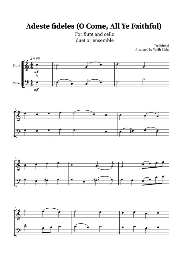 O Come, All Ye Faithful (Adeste Fideles) - Flute and Cello Duet (arr. Valdir Maia)