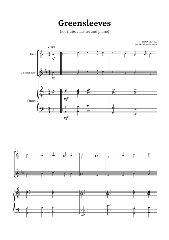 What Child Is This? (Greensleeves) - for flute, clarinet and piano (arr. Henrique Oliveira)