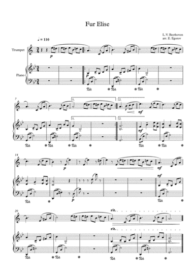 Fur Elise, Ludwig Van Beethoven, For Trumpet & Piano (arr. Eugene Egorov)