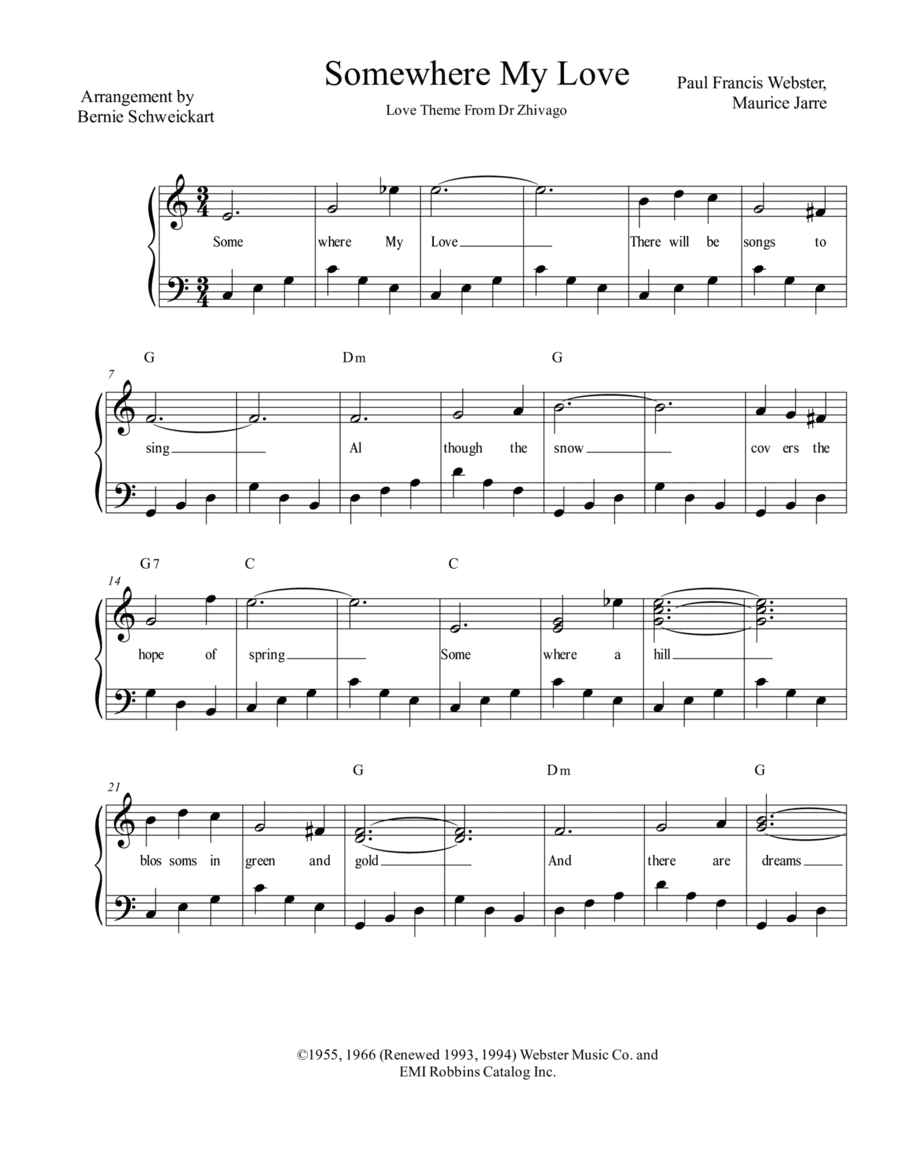 Somewhere, My Love (arr. Bernie Schweickart)