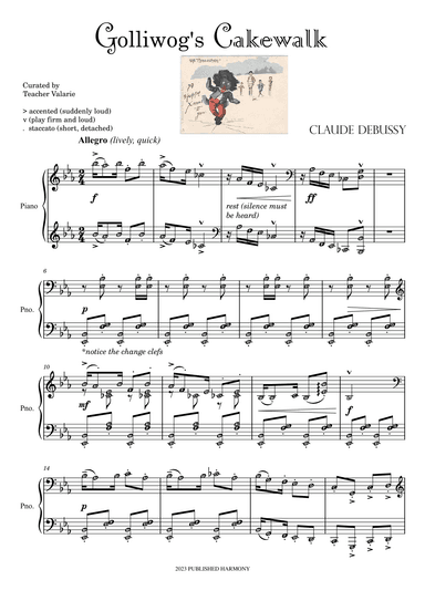 Golliwog's Cakewalk (Grade 8) DEBUSSY Advanced Piano Sheet Music with note names (arr. Teacher Valarie)