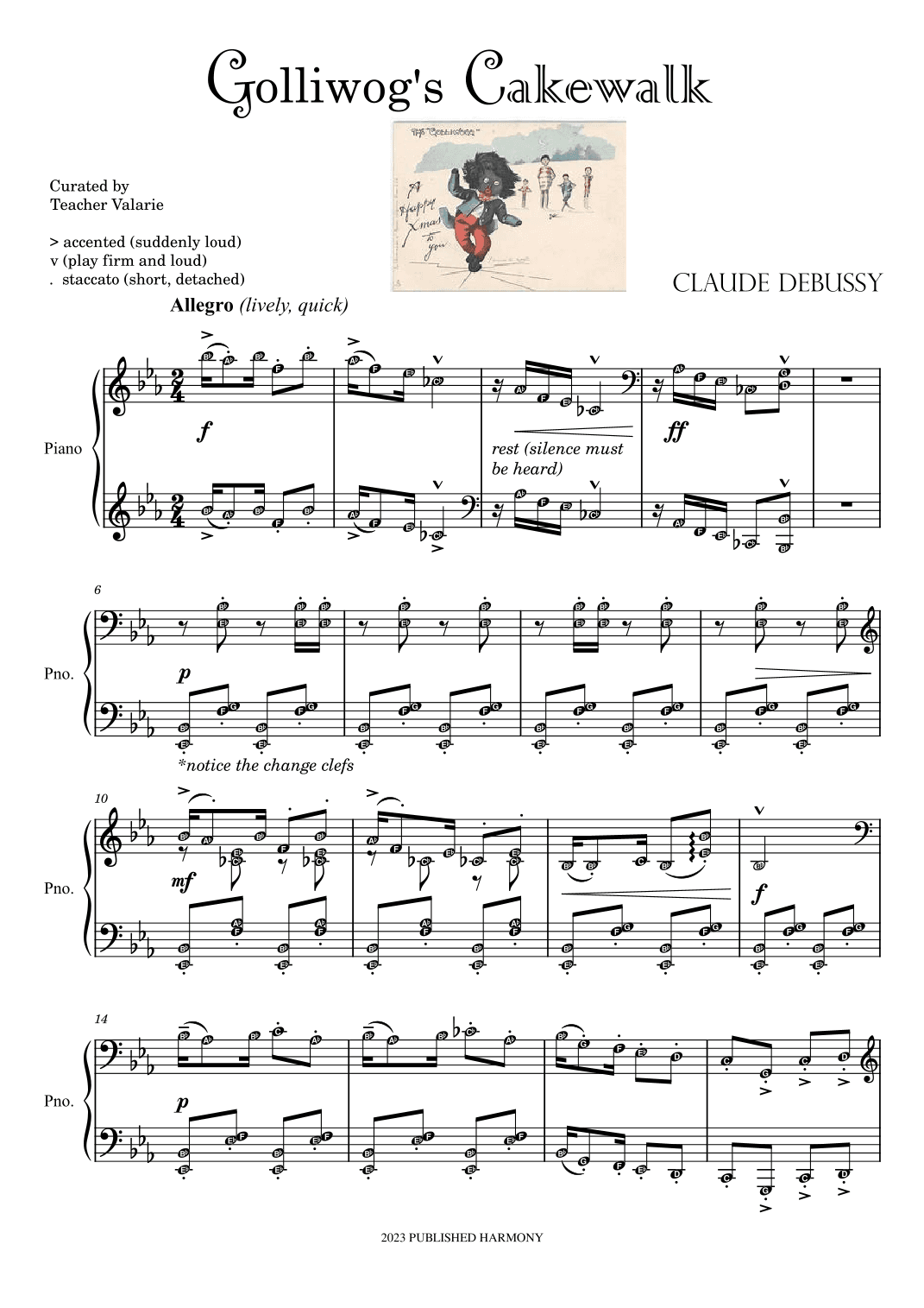 Golliwog's Cakewalk (Grade 8) DEBUSSY Advanced Piano Sheet Music with note names (arr. Teacher Valarie)
