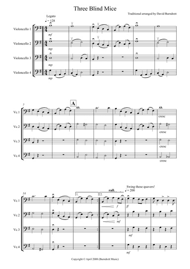 Three Blind Mice for Cello Quartet (version two) (arr. David Burndrett)