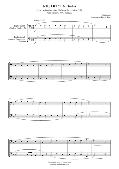 Jolly Old St. Nicholas (for euphonium duet (bass clef, 3 or 4 valved), suitable for grades 1-5) (arr. Edwin Sung)