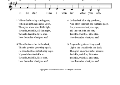 Twinkle, Twinkle Little Star - Lead Sheet A Major (Full Lyrics) (arr. Yuri Noronha)
