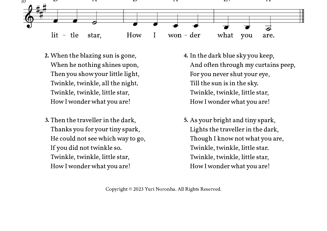 Twinkle, Twinkle Little Star - Lead Sheet A Major (Full Lyrics) (arr. Yuri Noronha)