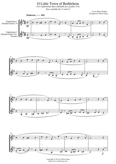 O Little Town of Bethlehem (for euphonium duet (Bb treble, 3 or 4 valved), suitable for grades 2-6) (arr. Edwin Sung)