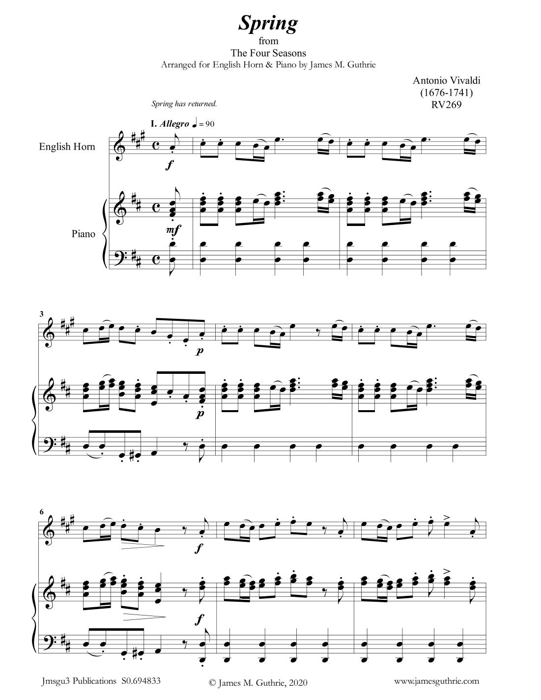 Vivaldi: Spring from the Four Seasons for English Horn & Piano (arr. James M. Guthrie, ASCAP)