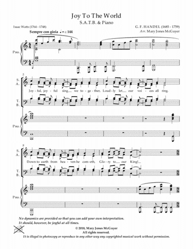 Joy To The World , S.A.T.B & Piano (arr. Mary Jones McGuyer)