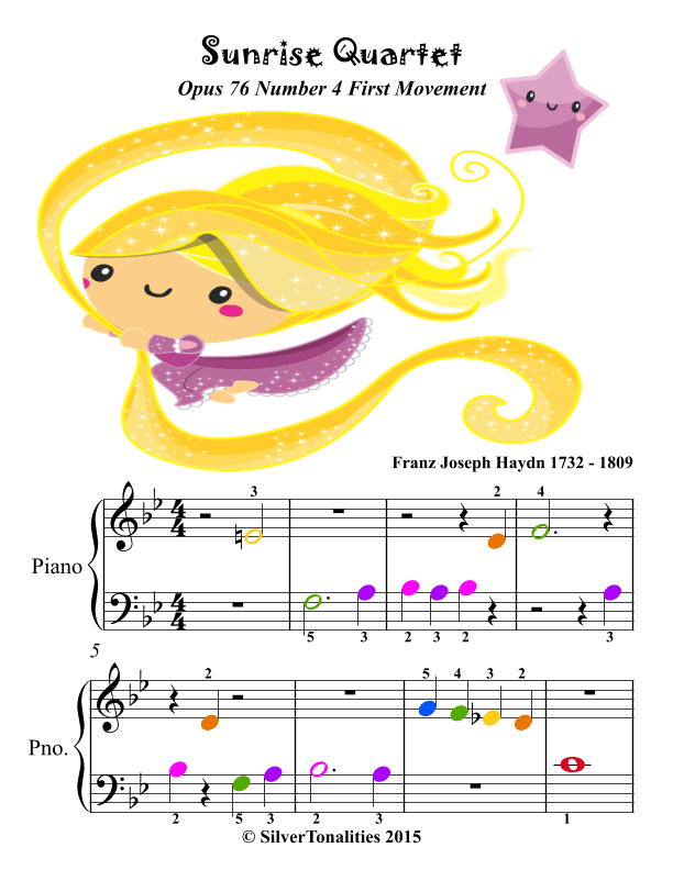 Sunrise Quartet Opus 76 Number 4 1st Mvt Beginner Piano Sheet Music with Colored Notes (arr. SilverTonalities)
