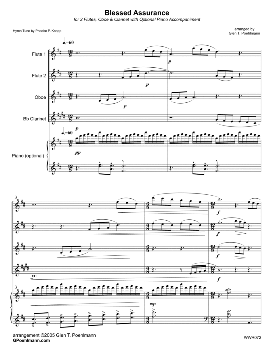 BLESSED ASSURANCE - 2 Flutes, Oboe & Clarinet with optional Piano accompaniment (arr. Glen Poehlmann)