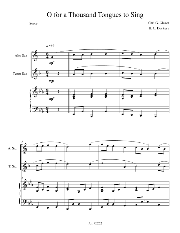 O for a Thousand Tongues to Sing (Alto and Tenor Sax Duet with Piano Accompaniment) (arr. B. C. Dockery)