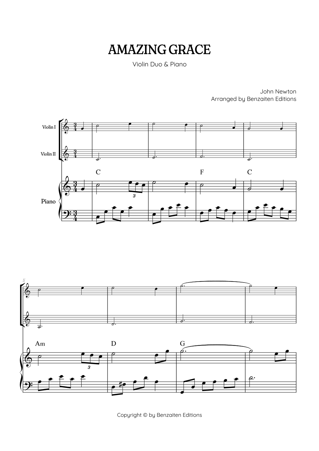 Amazing Grace • super easy violin duet sheet music with intermediate piano accompaniment (w chords) (arr. Benzaiten Editions)