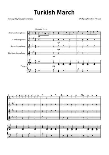 Turkish March by Mozart - Saxophone Quartet with Piano (arr. Glauco Fernandes)