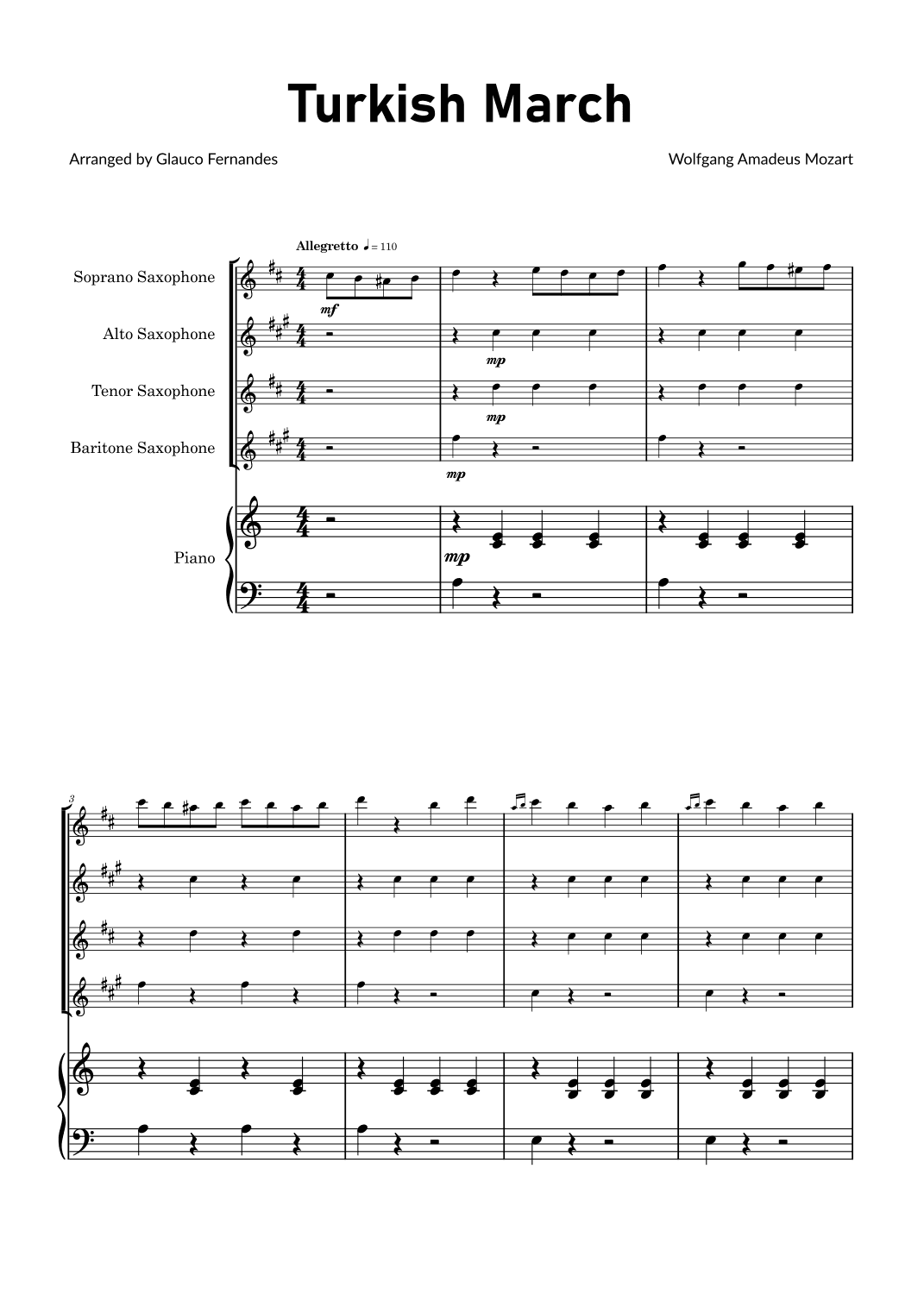 Turkish March by Mozart - Saxophone Quartet with Piano (arr. Glauco Fernandes)