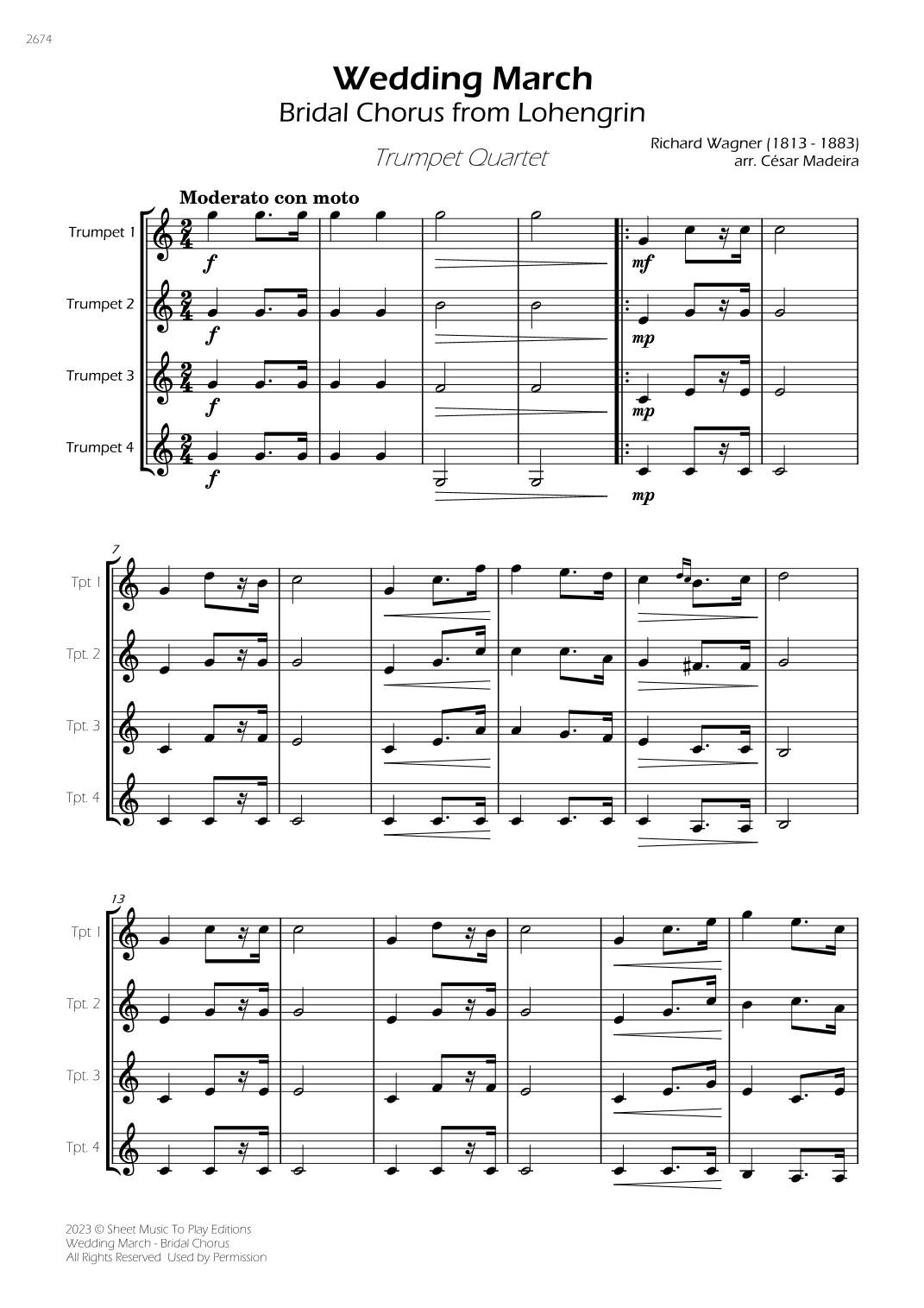 Wedding March (Bridal Chorus) - Trumpet Quartet (Full Score) - Score Only (arr. César Madeira)