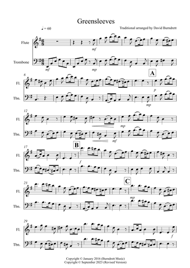 Greensleeves for Flute and Trombone Duet (arr. David Burndrett)