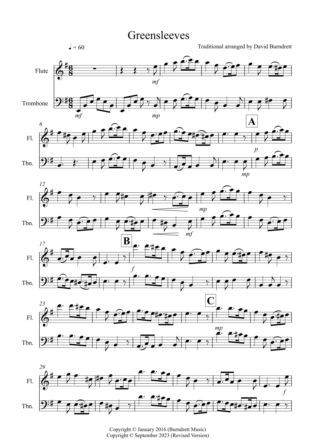 Greensleeves for Flute and Trombone Duet (arr. David Burndrett)