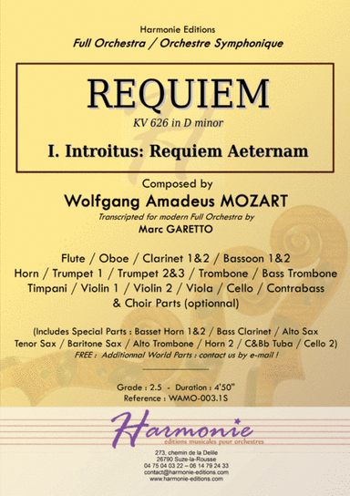 MOZART - REQUIEM K. 626 - Introitus Requiem Aeternam Full Orchestra - SCORE & PARTS (arr. Marc GARETTO)