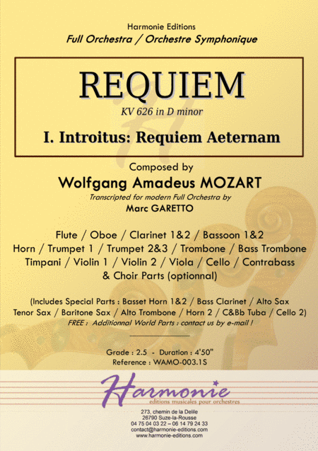 MOZART - REQUIEM K. 626 - Introitus Requiem Aeternam Full Orchestra - SCORE & PARTS (arr. Marc GARETTO)