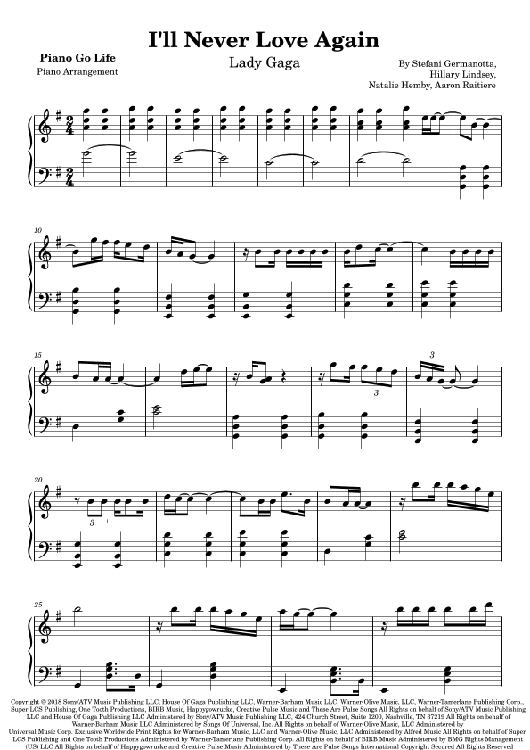 I'll Never Love Again (arr. Piano Go Life)