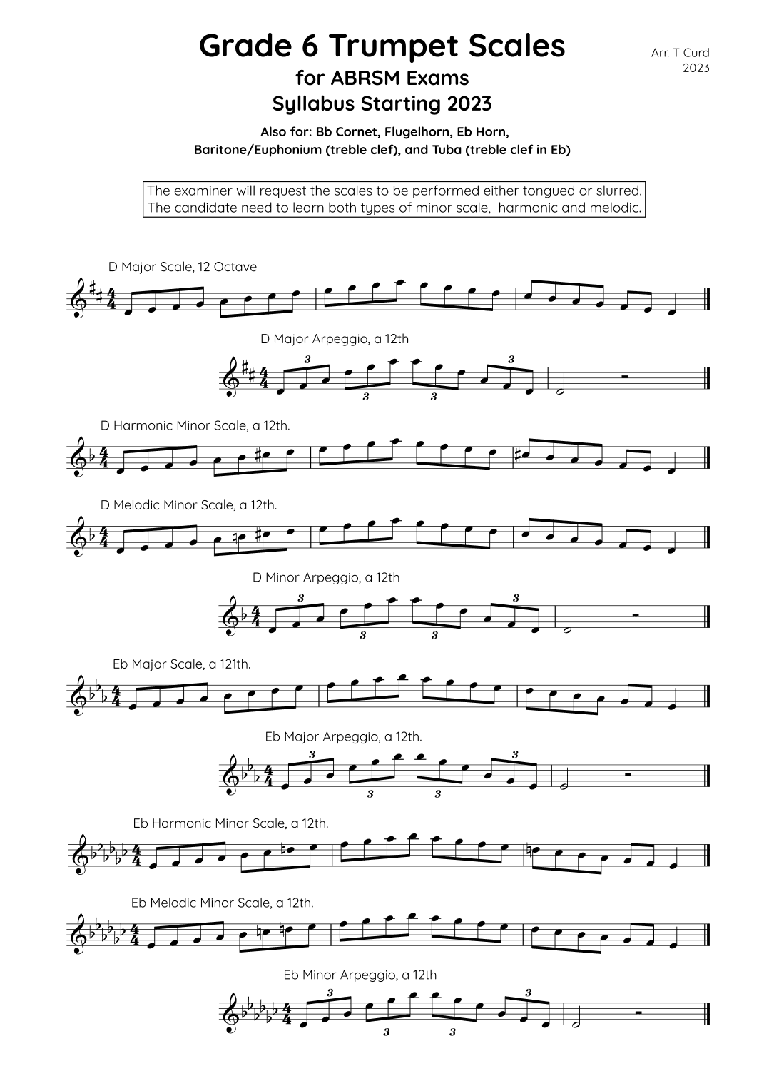 Trumpet Scales Grade 6. For the new ABRSM Syllabus from 2023. (arr. Tim Curd)