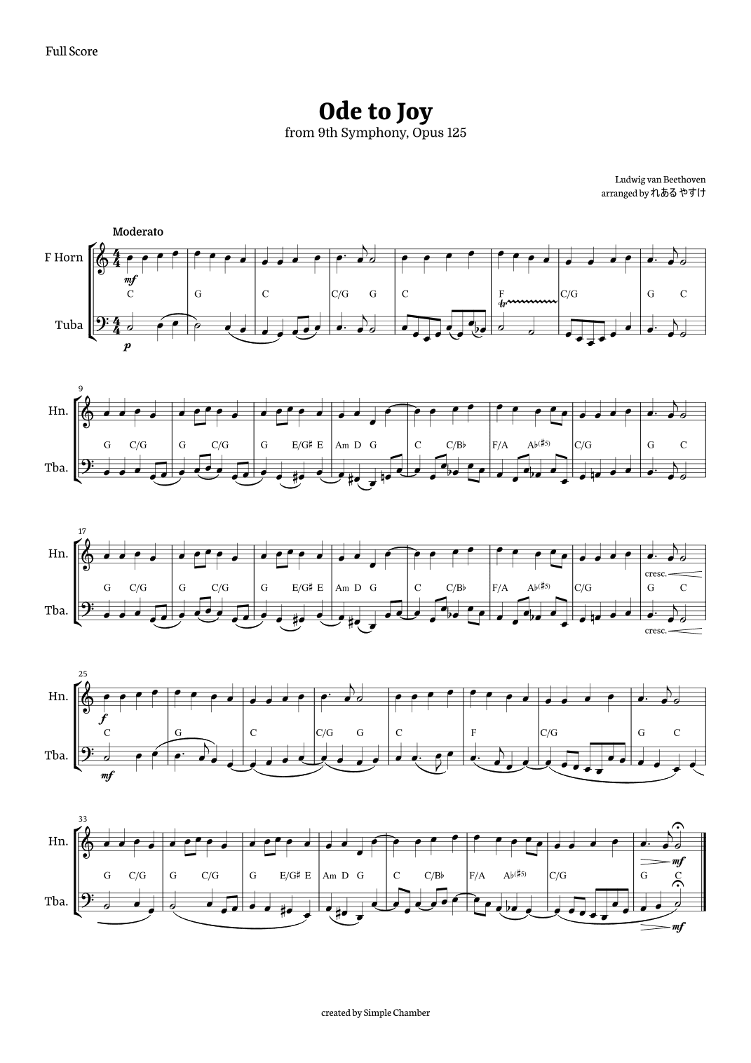 Ode to Joy for Horn in F and Tuba by Beethoven Opus 125 (arr. れある やすけ)