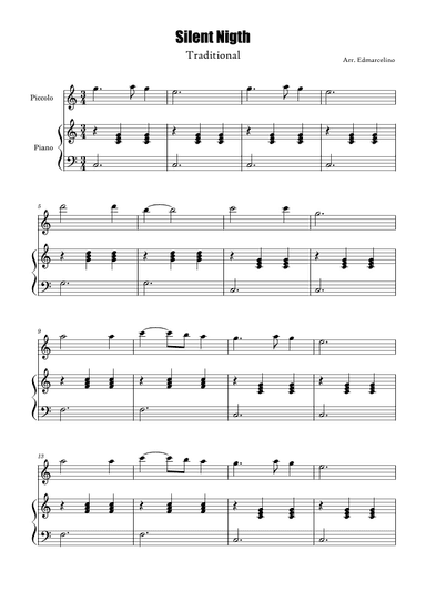 Piccolo and Piano Version 2 Sheet Music for Christmas Song "Silent Nigth" to Intermediate (arr. Edmarcelino)