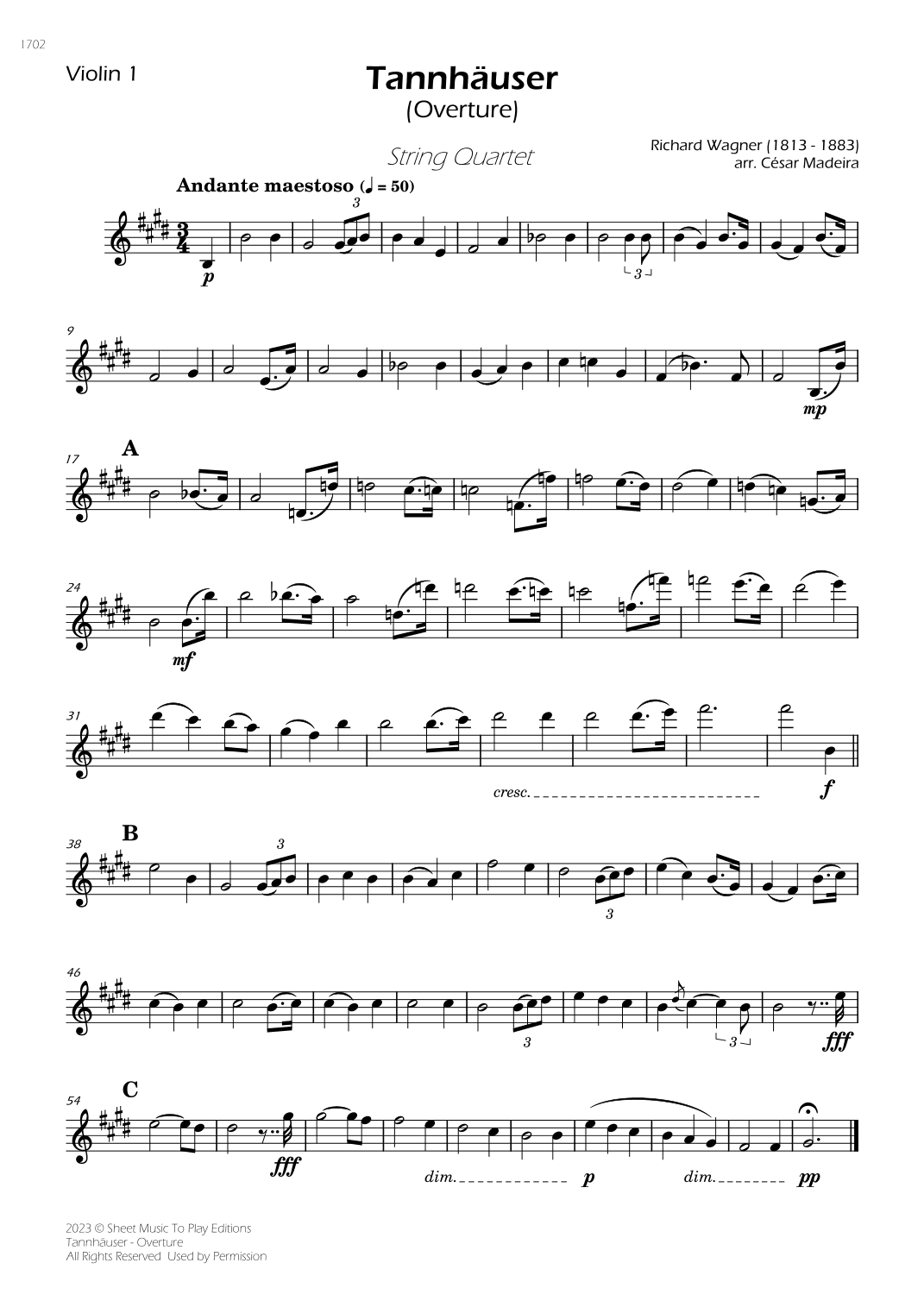 Tannhäuser (Overture) - String Quartet (Individual Parts) (arr. César Madeira)