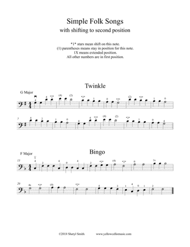 Four familiar folk songs for learning second and third position on the cello (arr. Yellow Cello Music)