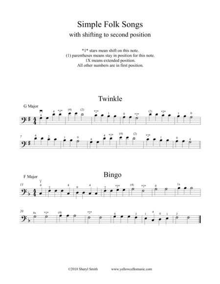 Four familiar folk songs for learning second and third position on the cello (arr. Yellow Cello Music)