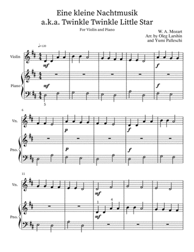 Twinkle Twinkle Little Start a.k.a. Eine Kleine Nachtmusik (Easy Violin and Piano Duet) (arr. Oleg Larshin, Yumi Palleschi)