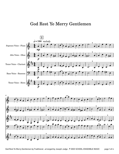 God Rest Ye Merry Gentlemen for Woodwind Quartet in Schools (arr. Joseph Judge)