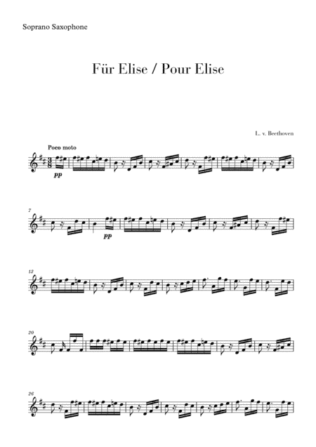 Pour Elise (Für Elise) for Soprano Saxophone (arr. Cadenza Editions)
