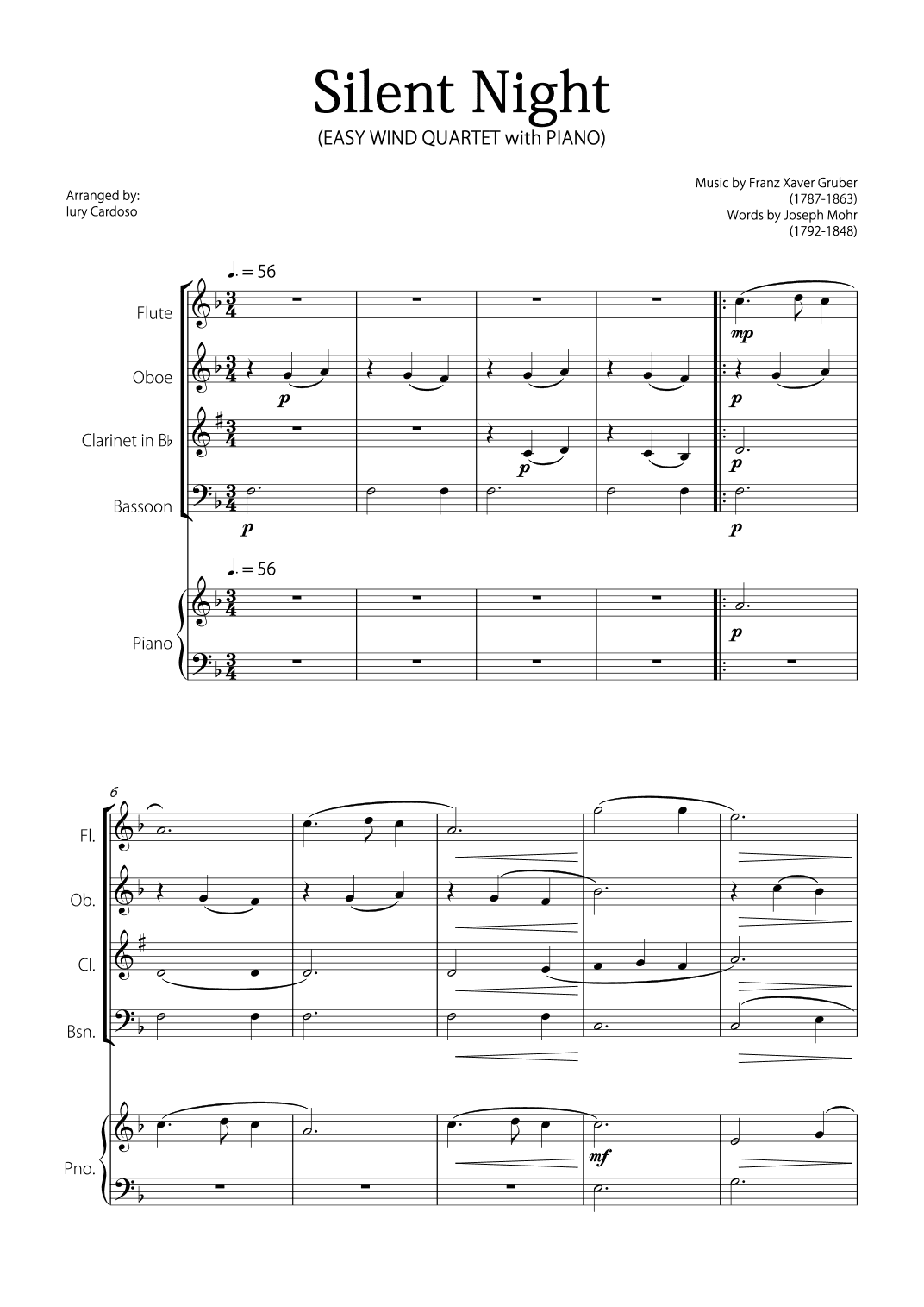 "Silent Night" (Easy Woodwind Quartet with Piano) (arr. Iury Cardoso)