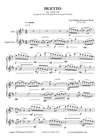 CPE Bach: Duetto Wq. 140 for Oboe & English Horn (arr. James M. Guthrie, ASCAP)